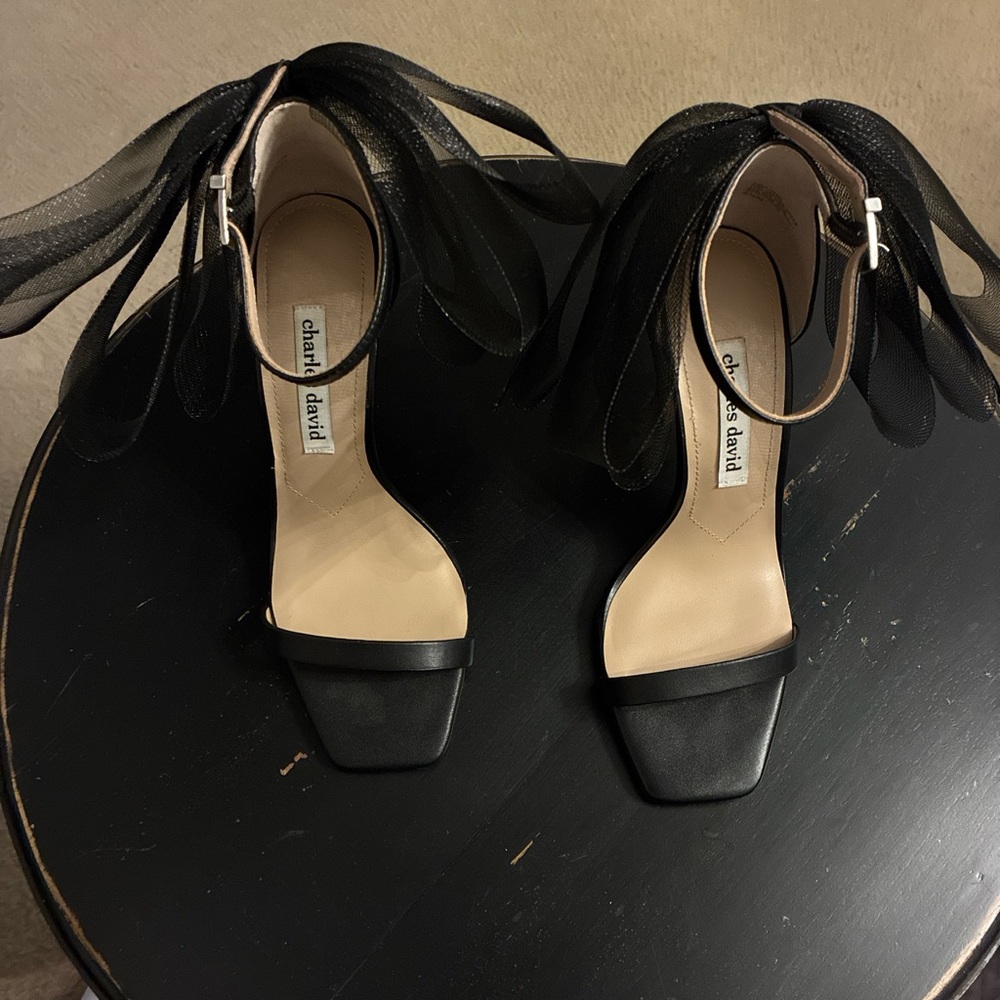 Charles David Black Heeled Sandals with Ribbon Detail- 4 INCH HEELS